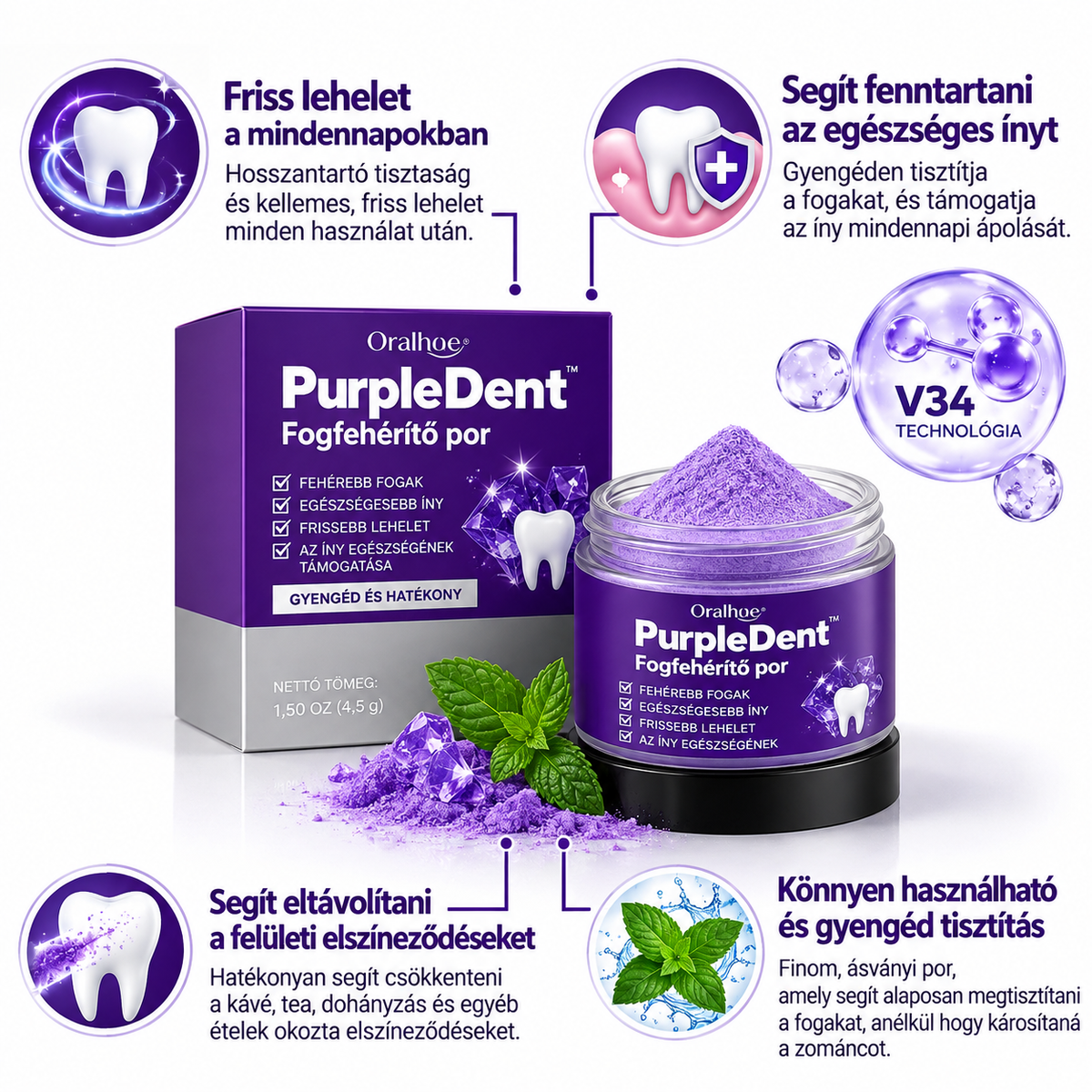 PurpleDent™ – Fogfehérítő por
